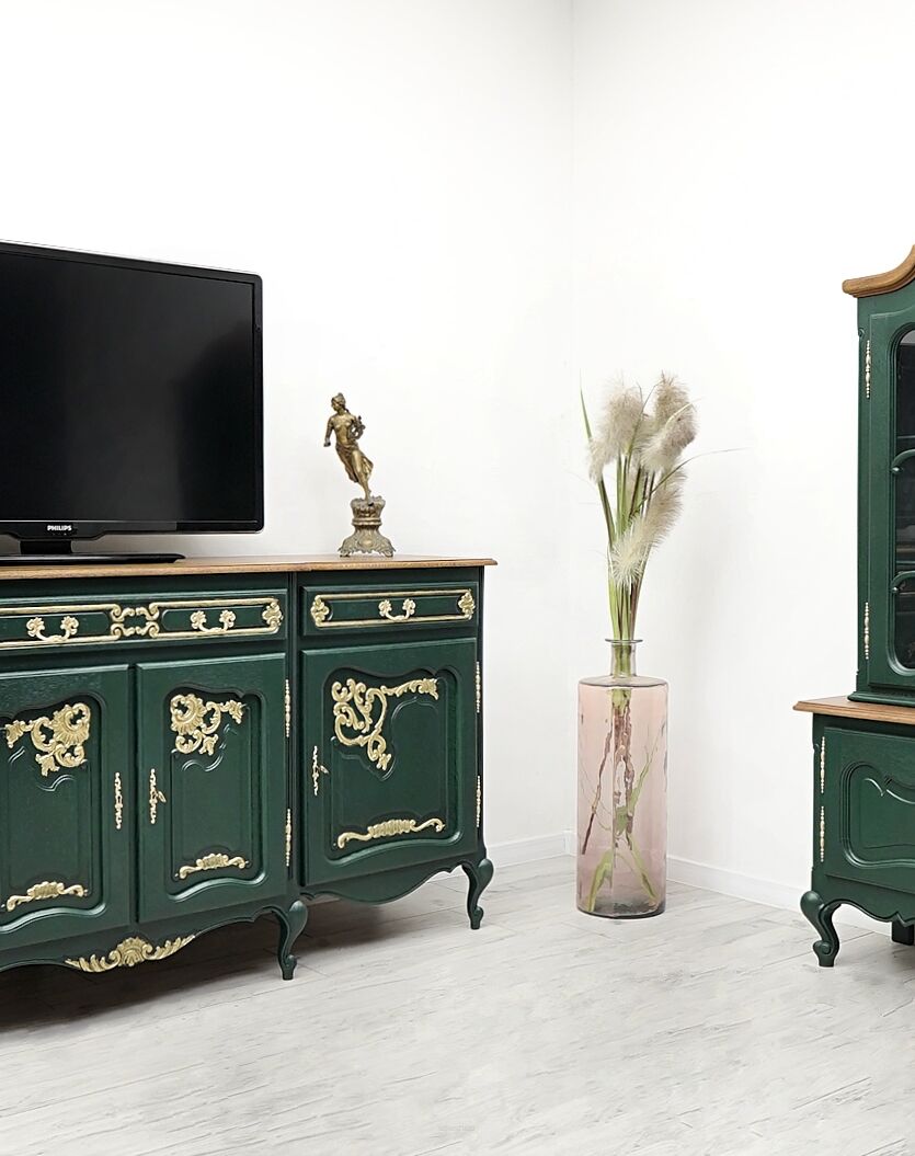 Stylowy duet z litego dębu, witryna + komoda. Po profesjonalnej renowacji.