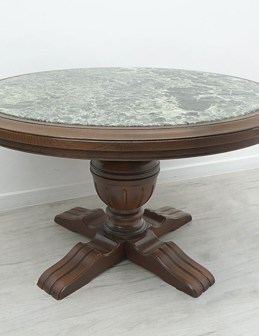 Stylowy dębowy stolik z marmurowym blatem, połowa XXw. Po renowacji.